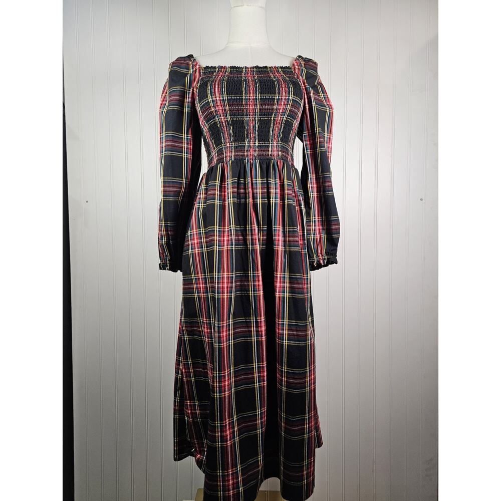 J. Crew Stewart Tartan Plaid Smocked Midi Dres Sz XS Preppy Holiday Pockets